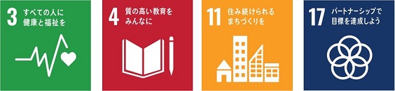 SDGs アイコン すべての人に健康と福祉を 4_質の高い教育をみんなに 11_住み続けられるまちづくりを 17_平和と公正をすべての人に